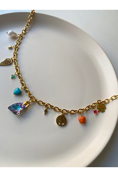 BusradanDesign قلادة فولاذية بتفاصيل كوكبية متعددة الألوان 45 سم