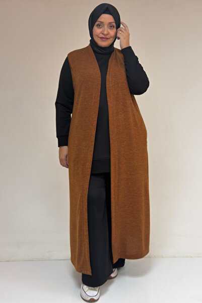 Eslina 54015 Large Size Slit Pockets Long Mir Vest - Tan