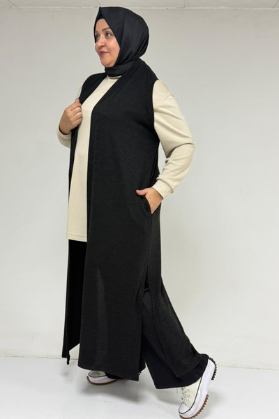 Eslina 54015 Plus Size Slit Pocket Long Mir Vest - Black