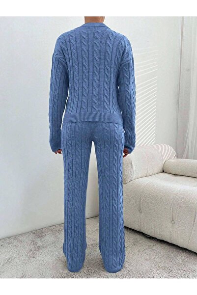 Miss Poem Women's Winter Long Basic Top and Bottom Light Blue Knitwear Set