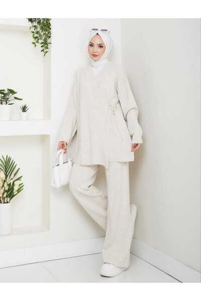 Blue Morpho Side Tie Double-Breasted Collar Women's Two-Piece Knitwear Set