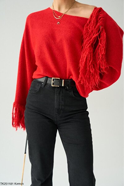 CADDELAMODA Women's Tassel Sleeve Boat Neck Sweater