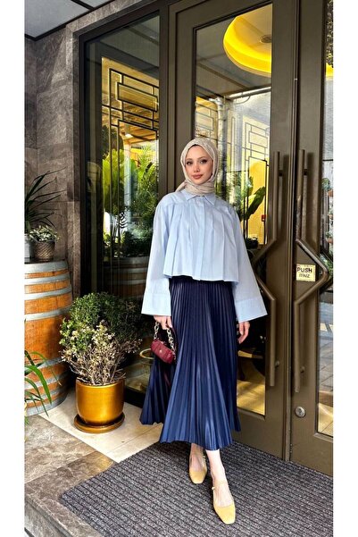 Blue Morpho Leather-Look Buy Elastic Unlined Long Pleated Skirt