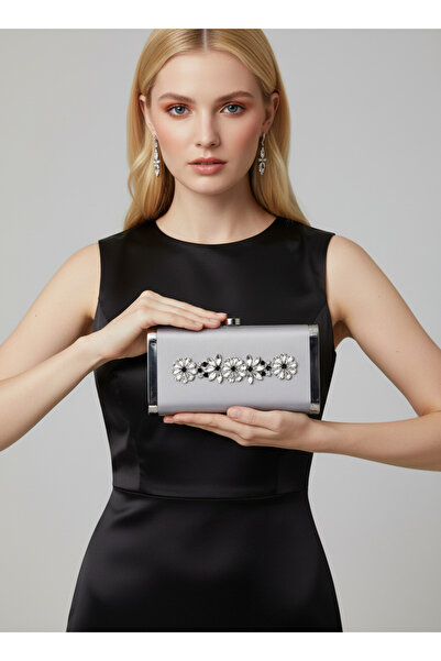 Biçanta Silver Gray Complete Metal Frame and Crystal Embroidered Glitter Satin Evening Dress Bag Wedding Engagement Graduation