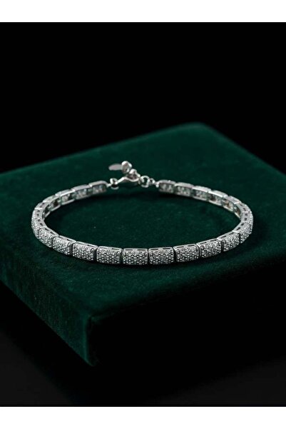 ZEY 925 Ayar Gümüş Zirkon Taşlı Kare Ayarlanabilir Kadın/Erkek Hediyelik Bileklik