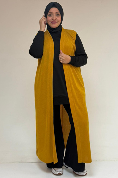Eslina 54015 Plus Size Slit Pockets Long Mir Vest - Mustard