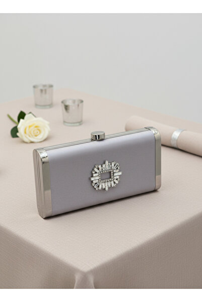 Biçanta Silver Gray Complete Metal Frame and Crystal Embroidered Glitter Satin Evening Dress Bag Wedding Engagement Graduation