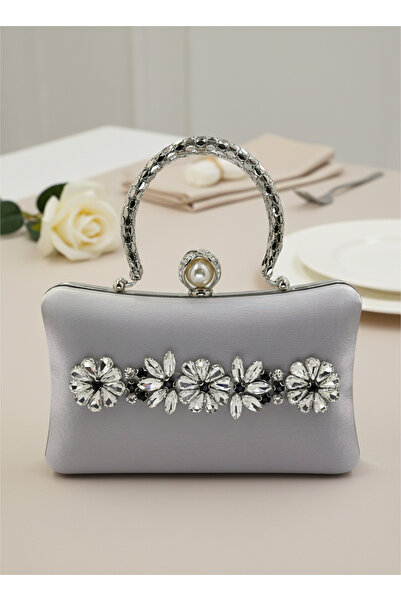 Biçanta Silver Grey Pearl and Crystal Embroidered Glitter Satin Evening Dress Bag Wedding Engagement Graduation