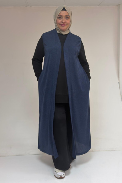 Eslina 54015 Plus Size Slit Pocket Long Mir Vest - Indigo
