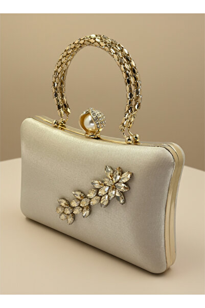 Wedding Fashion Ten Gold Pearl and Crystal Embroidered Glitter Satin Evening Dress Bag Wedding Engagement Graduation