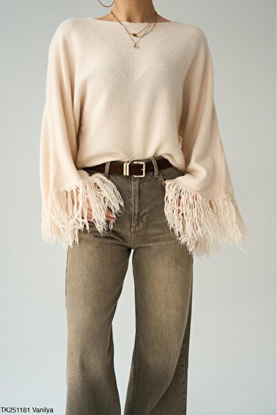 CADDELAMODA Women's Tassel Sleeve Boat Neck Sweater