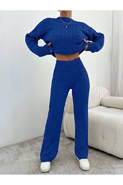 Miss Poem Women's Winter Long Basic Top and Bottom Blue Knitwear Set