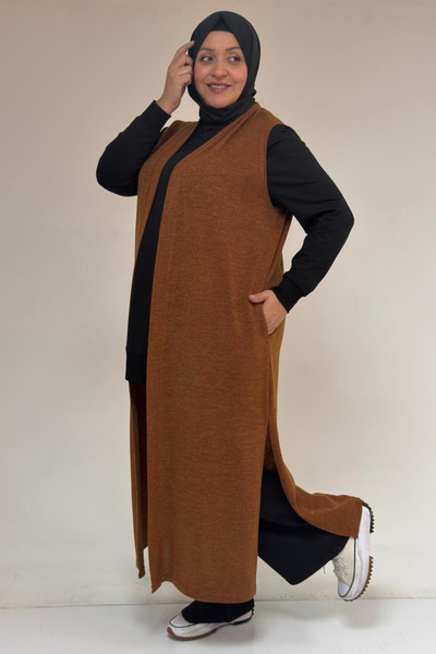 Eslina 54015 Large Size Slit Pockets Long Mir Vest - Tan