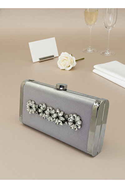 Biçanta Silver Gray Complete Metal Frame and Crystal Embroidered Glitter Satin Evening Dress Bag Wedding Engagement Graduation