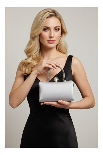 Biçanta Silver Grey Pearl and Crystal Embroidered Glitter Satin Evening Dress Bag Wedding Engagement Graduation
