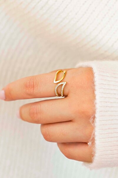 TREND COLLECTİON Işıltılı Zirkon Taşlı Gold Sade-Şık Kadın Kombin Yüzük