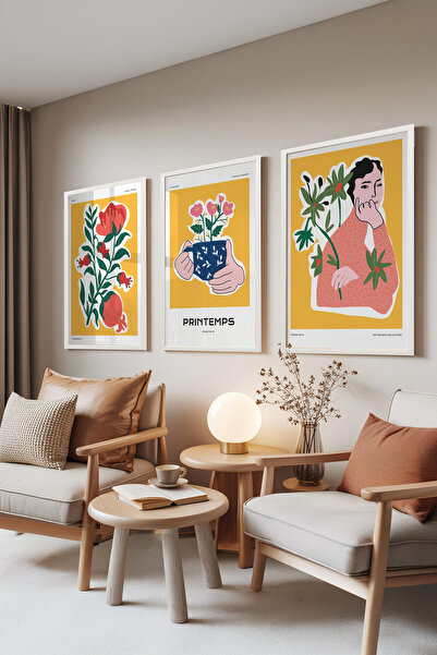 Zestia Set de 3 tablouri cu ramă albă, Botanică și ilustrații în galben – Set...