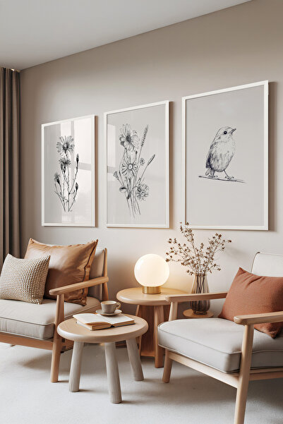 Zestia Beyaz Çerçeveli 3’lü Tablo Seti, Çiçek Eskizi – Kuş Detaylı, Salon Set...