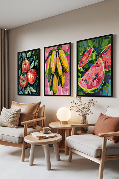 Zestia Set de 3 tablouri cu ramă neagră, ilustrație modernă cu fructe – Set d...