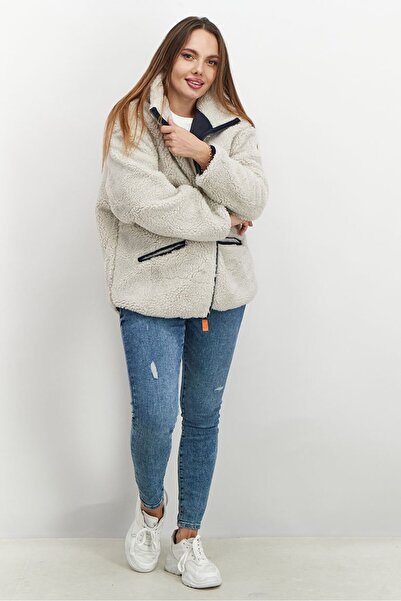 Tchibo Women Mock Neck Full Zip Plush Jacket, Light Grey