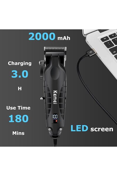 Kemei 2290 Professional Cord/Cordless Hair Clippers with LED Display, USB Rechargeable (Black)