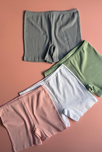 Elosia Cotton Hug | 4-Pack Pink, Green, White and Blue Ribbed Knit Fabric Cotton A-Line Women's Short Shorts-Boxer