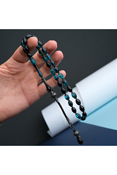 TESBİHEFENDİ Boxed Turquoise Fire Amber Silver Tassel Prayer Beads