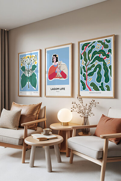 Zestia Set de 3 tablouri cu rame din lemn, flori și portrete nordice – Set pe...