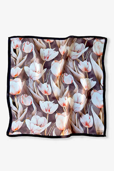 Galiga Kahve Laleler %100 İpek Fular 55x55cm