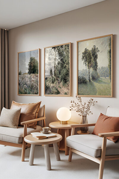 Zestia Set de 3 tablouri cu rame din lemn, peisaj clasic – tonuri delicate, s...