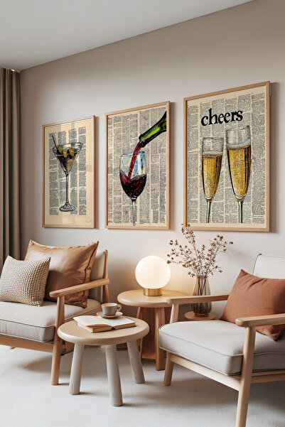 Zestia Set de 3 tablouri cu rame din lemn, Mixologie vintage – Ilustrații ret...