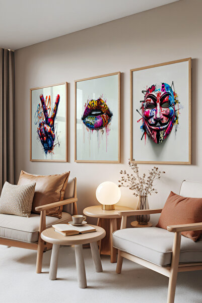 Zestia Σετ 3 πινάκων με ξύλινο πλαίσιο, Neon Graffiti – Street Art, Σετ για ν...