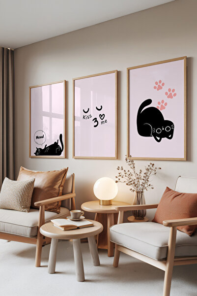 Zestia Ahşap Çerçeveli 3’lü Tablo Seti, Sevimli Kedi Çizimi – Pembe Tonlar, G...