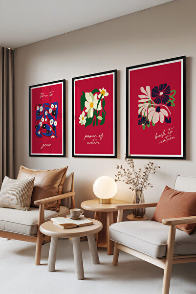 Zestia Σετ 3 πινάκων με μαύρο πλαίσιο, Κόκκινο Φλοράλ – Μοντέρνο Λουλουδάτο, ...