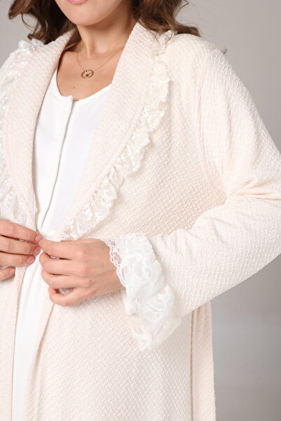 Rimel Homewear Cream Ruffle Collar Winter Dressing Gown Maternity Nightgown Set