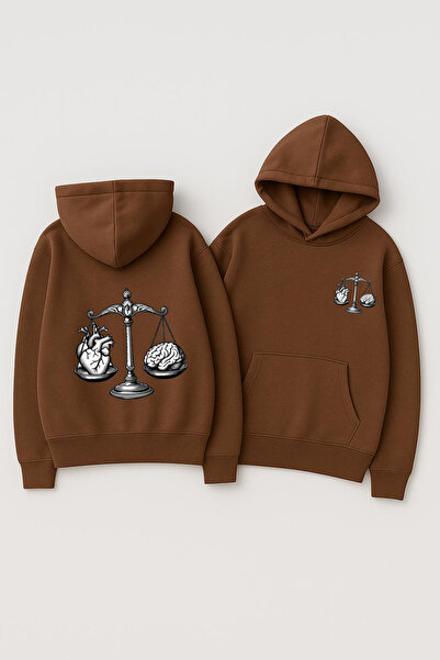 CLASSY.MODA Unisex Hooded Oversized Printed Sweatshirt – Heart Brain Scales Balance Illustration Back Print