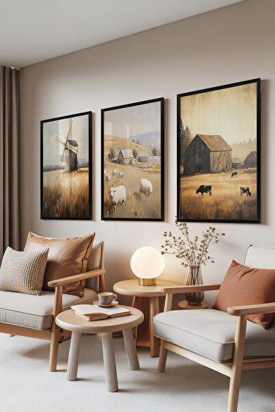 Zestia Set de 3 tablouri cu ramă neagră, Viața la țară – Peisaj rustic, Set p...