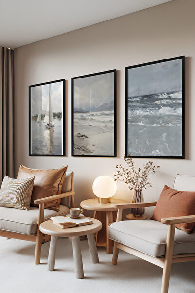 Zestia Set de 3 tablouri cu ramă neagră, peisaj marin – tonuri delicate, set ...