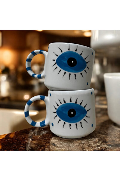 ADEN LİNA ART WORKSHOP Eye Patterned 2-Piece Completely Handmade Ceramic Mug