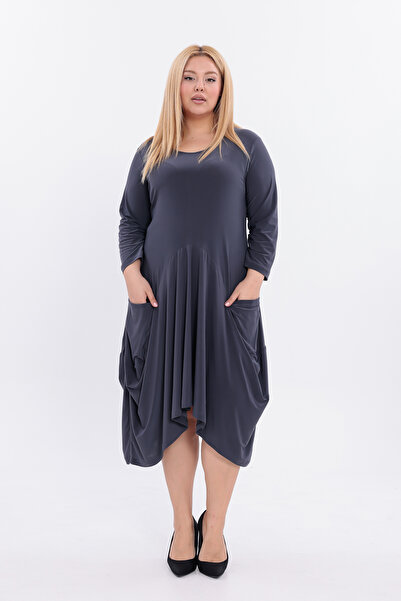 HELVEYS Modern Asymmetrical Cut Long Sleeve Crew Neck Dress with Pockets 5030