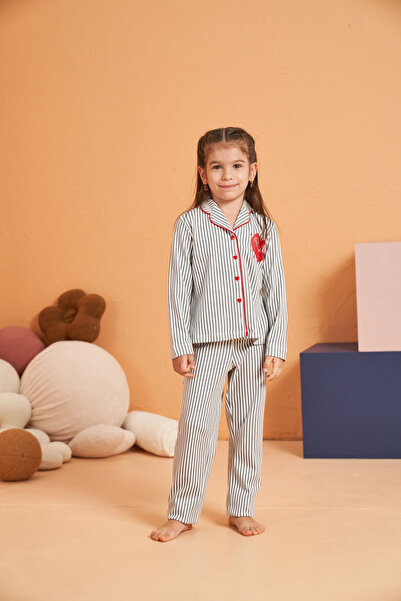 PJS 28065 Gray Patterned Buttoned Girls' Pajama Set