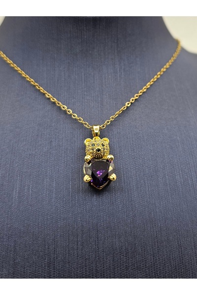 Mosso Steel Purple Steel Necklace with Gold Color Teddy Bear