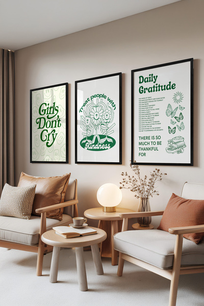 Zestia Set de 3 tablouri cu ramă neagră, Mindfulness – Desen și citate verzi,...