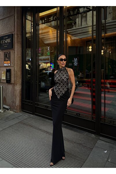 Berf Halter Neck Lace Backless Black Designer Dress