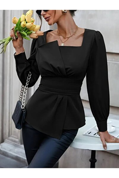 Meleners Women's Long Sleeve Geometric Collar Waist Fitted Imported Crepe Blouse