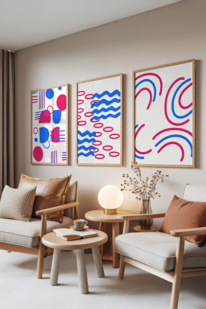 Zestia Set de 3 tablouri cu rame din lemn, geometrice moderne – Culori vibran...