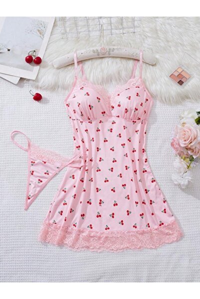 AZZERİ Pembe Kiraz Desenli Dantel Detaylı Gecelik & Tanga Takımı