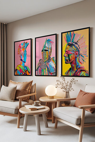 Zestia Set de 3 tablouri cu ramă neagră, Războinici colorați – Expresie moder...