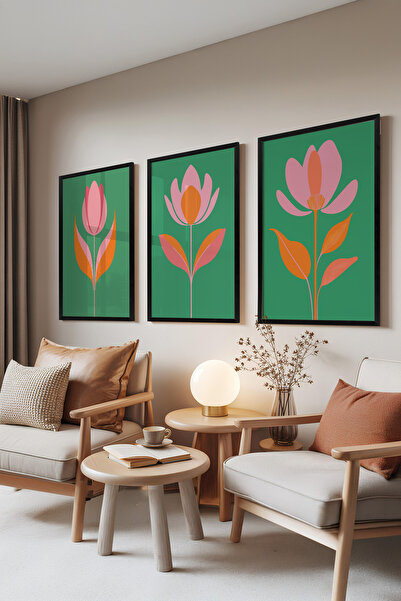 Zestia Set de 3 tablouri cu ramă neagră, ilustrație cu flori – verde roz, set...