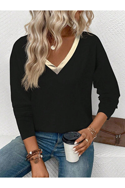 Moda Ebrar Women's Long Sleeve V Bright Collar Detailed Viscose Blouse